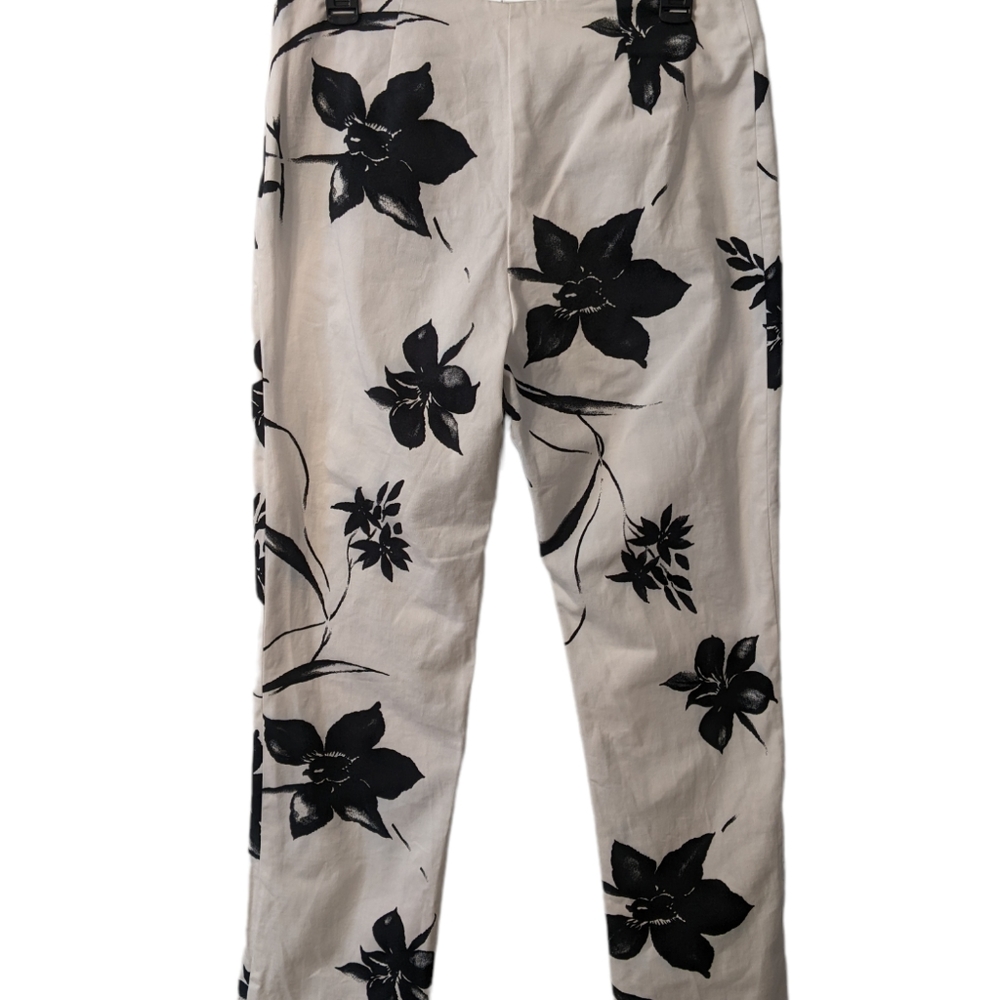 Style New York Paris White Pants with Black Floral Pattern Flare High Ri… - Picture 2 of 10